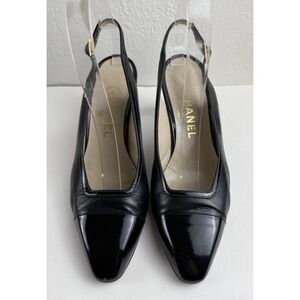 CHANEL Cap Toe Slingback Heels Black Leather Patent Toe Classic CC Pump 38/7.5